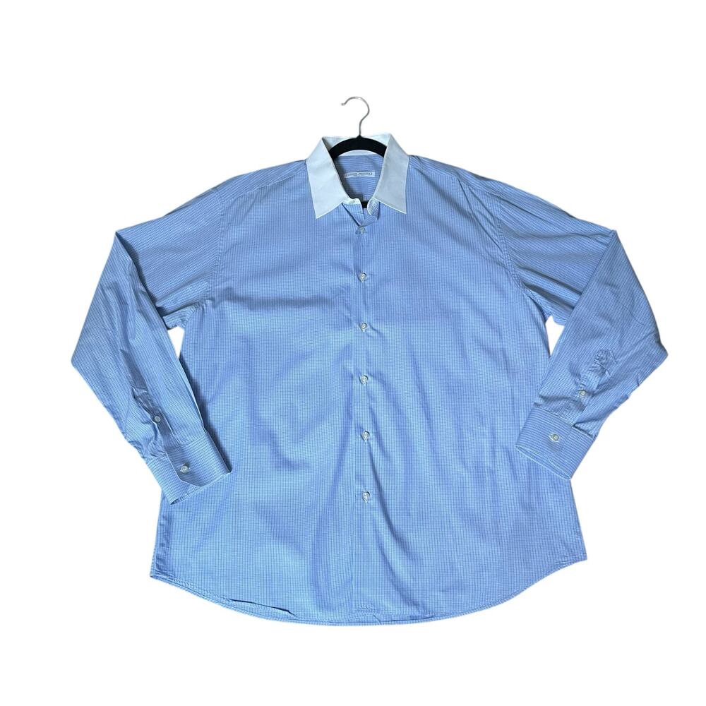 Luciano Moresco Men's Button-Down Dress Shirt Blue Micro Check Cotton Size XL